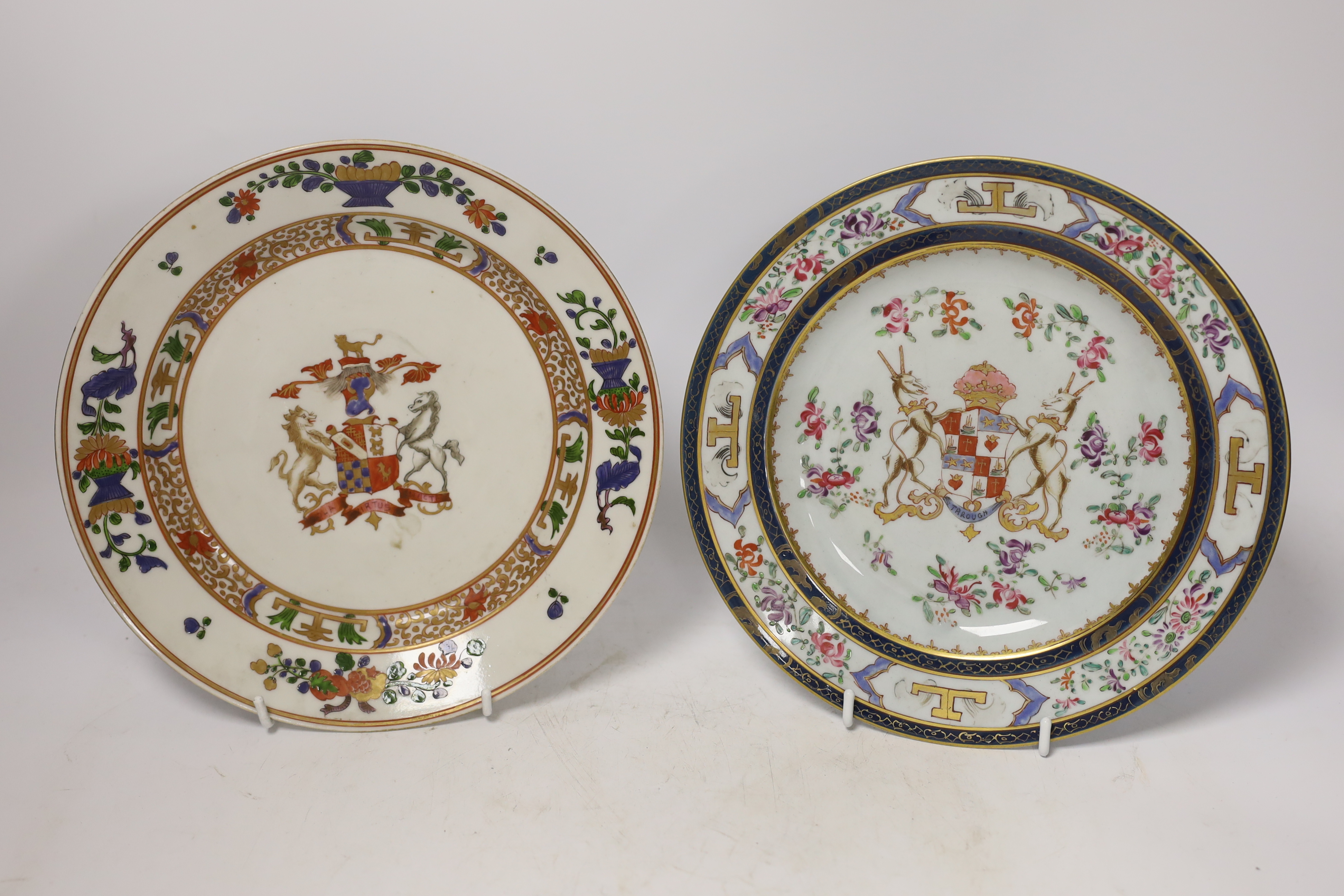Two Samson of Paris famille rose style dishes, painted with European armorials, largest 24cm diameter (2). Condition - good, some wear to decoration